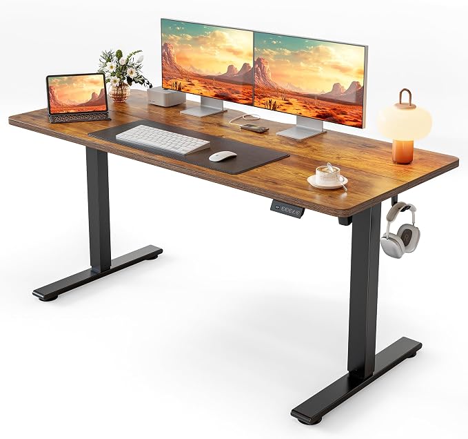 Cubiker Standing Desk, 55x24 Inches Sit Stand Home Office Desk, Electric Stand up Desk, Adjustable Desk with Splice Board, Black Frame/Rustic Brown Top by CubikerHomeOfficeFurniture