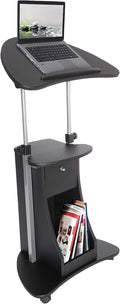 Techni Mobili Adjustable Height Rolling Laptop Cart with Storage, Black | Adjustable height rolling laptop cart with storage, open shelf, wheels, sit‑to‑stand ideal for podium office medical use by TechniMobili