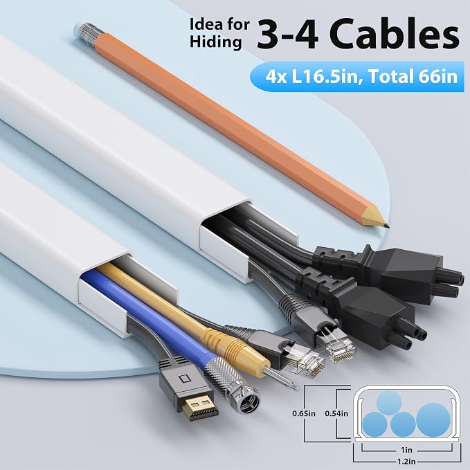 ZhiYo 66" Cord Covers for Wires on Wall, White Cord Hider, 1.2" W x 0.7" H | Fits 3-4 Cords, Premium Paintable Raceway for Wall-Mounted TV, Self-Adhesive Wire Hider for Extension Cords & Ethernet Cables - Image 2
