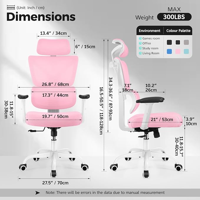 Ergonomic Office Chair High Back Desk Chair with Lumbar Support, Breathable Mesh Computer Chair with Adjustable Armrests Height, Reclining Swivel Big and Tall Gaming Chair for Home Office(Pink) - Image 2