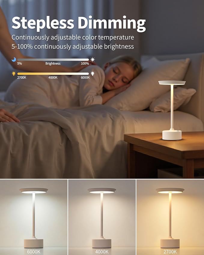 PUSU Rechargeable Table Lamps Set of 2, White Cordless Portable Desk Lamp | 4000mAh Battery, Stepless Dimming & 3 Color 2700K-6000K, LED Lamp for Bedroom, Living Room, Restaurant, Outdoor, Night Light - Image 4