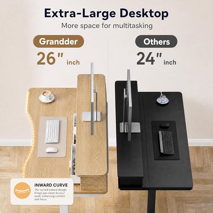 Grandder Electric Standing Desk with Two Drawers, Curved Sit to Stand Up Height Adjustable Desk with Storage Shelf for Home Office, 47 * 26 Inch, Study, Ergonomic Adjustable Computer Desk, Oak - Image 5
