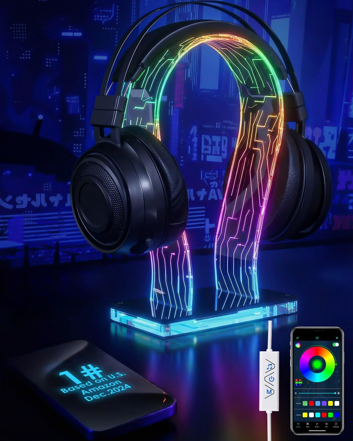 Acrylic RGB Headphone Stand for Desk with Many Light Modes & Colors by OAPRIRE