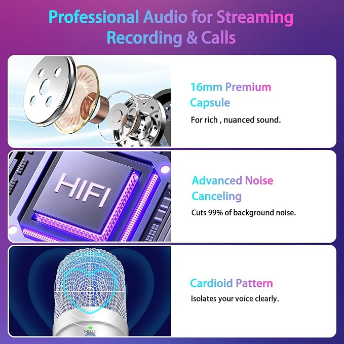 USB Microphone, Computer Condenser Mic with Noise Cancellation, Echo Mode, RGB Lighting, Mute Button, Plug & Play Gaming Mic for PC, Mac, PS5, Streaming, Recording, Podcasting & Online Meetings White - Image 3