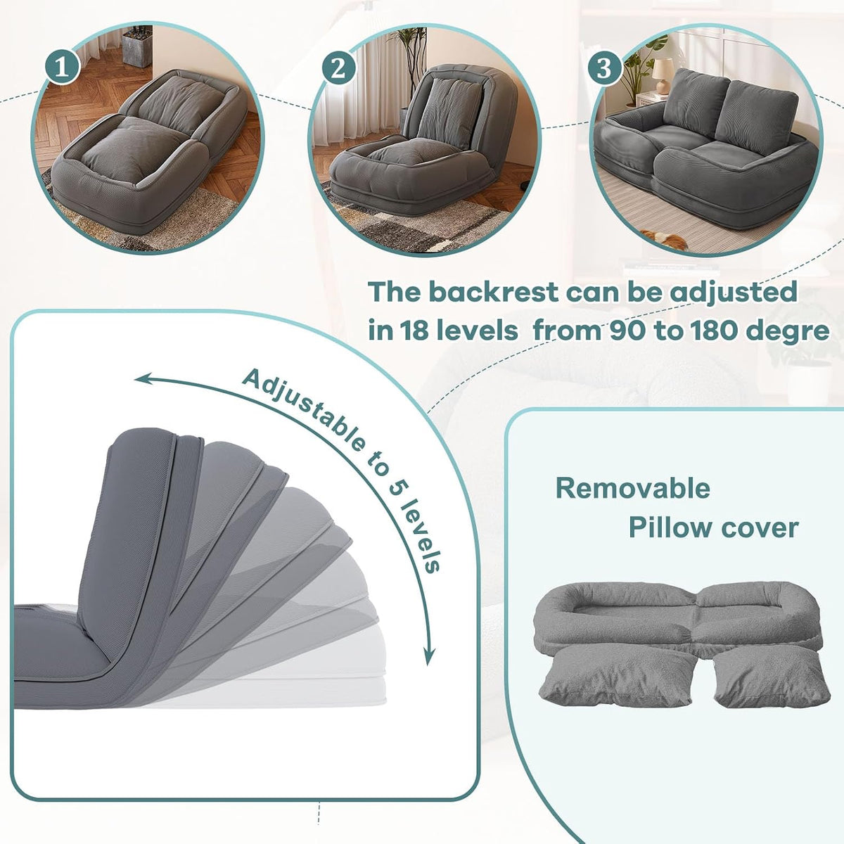 Human Dog Bed for Adults & Pets, 5-Position Adjustable Floor Chair, Convertible Lazy Sofa Bed with Metal Frame & 2 Pillows, Plush Gaming Lounge for Living Room Bedroom Office (Gray1) - Image 3