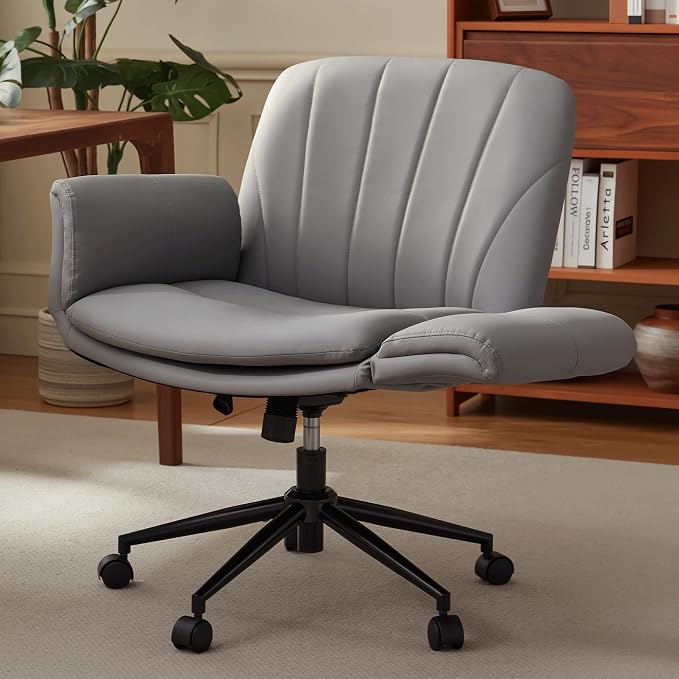 Dowinx Criss Cross Chair with Five-Level Adjustable Arms and Wheels - Comfortable Ergonomic PU Leather Swivel Vanity Chair - Computer Makeup Gaming Chair for Home Office,Bedroom,Vanity Room-Light Grey by Dowinx