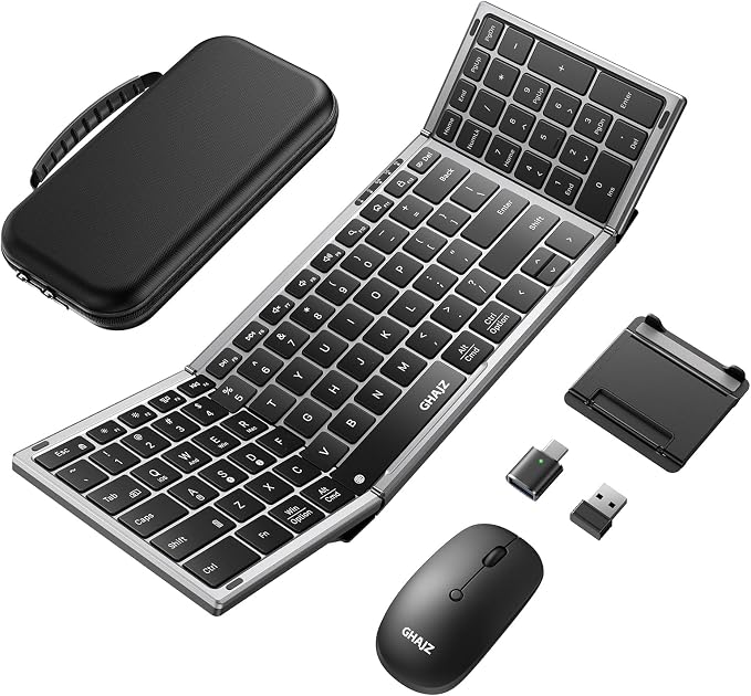 Portable Foldable Keyboard and Mouse Combo, Bluetooth×2+USB A+USB C(4 in 1) Connection, Keyboard Lock, Full Size Folding Wireless Rechargeable Silent Design for Travel/Home/Office-Black Gray by Unknown
