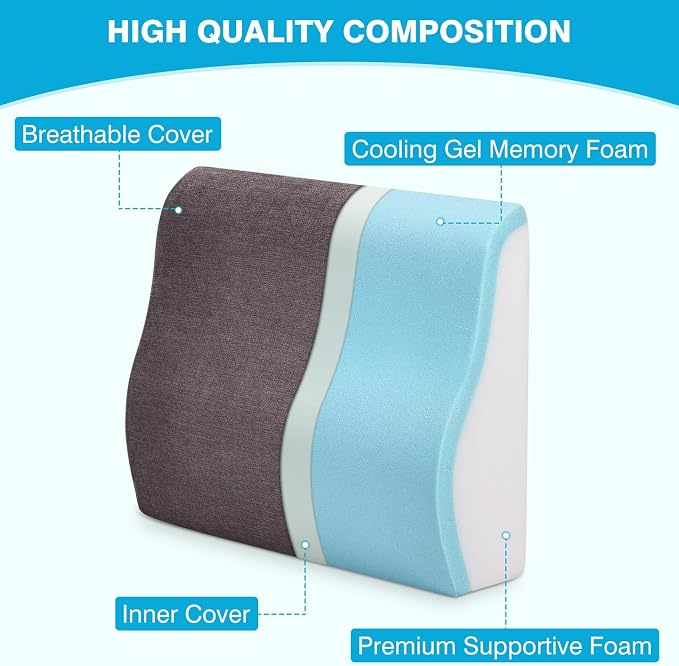 Back Support Pillow for Recliner Dual Layer Lumbar Support Pillow with Gel Memory Foam Ergonomic Orthopedic Couch Lumbar Cushions for Elderly Lower Back Pain Relief Washable Cover Brown - Image 2