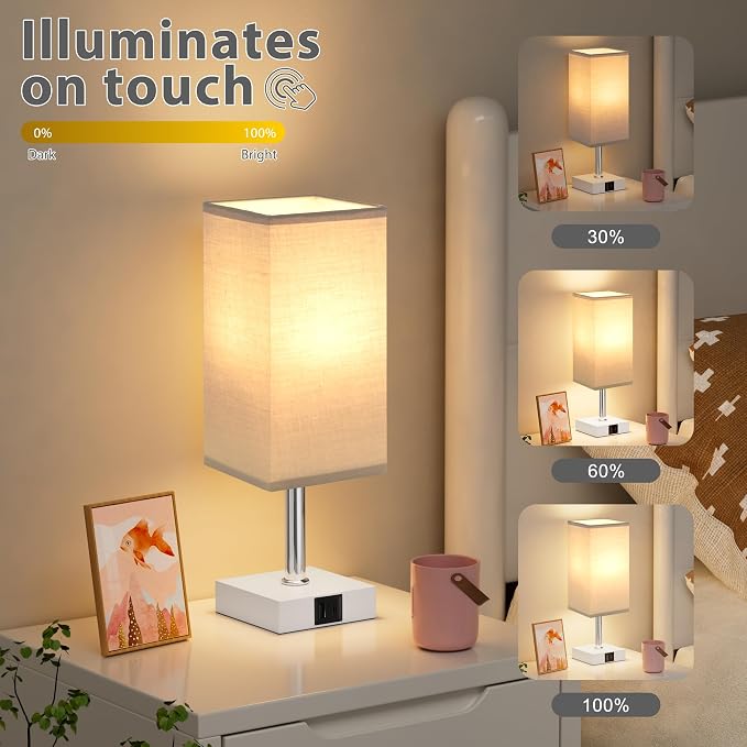 Touch Table Lamp for Bedroom - Dimmable, USB C+A, Grey Lamphade White Base | 3-Way Dimmable, 3000K LED Bulb Included, Square Lampshade, Cute Room Decor for Teen Girls, Kids, Small Lamp for Dorm, Nursery - Image 4