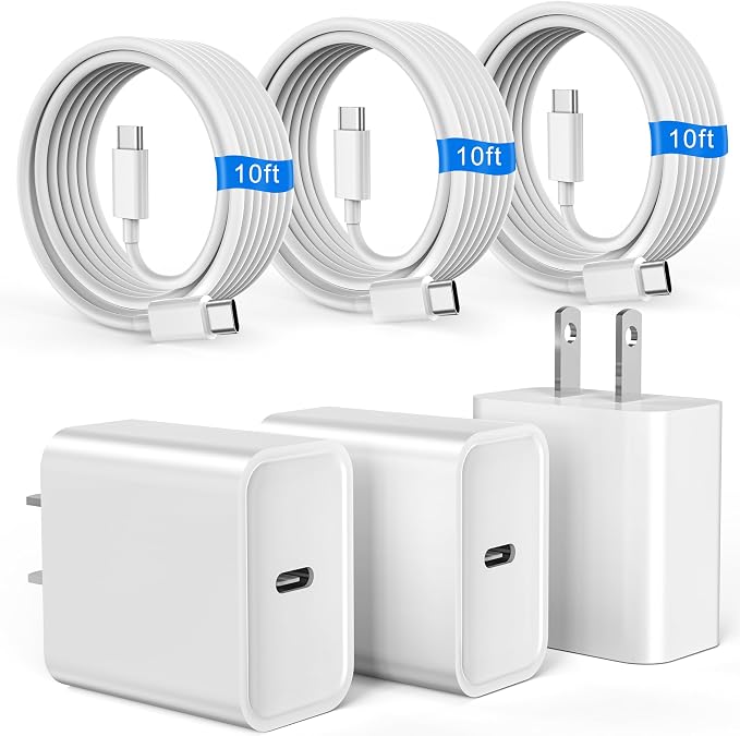 iPhone 17 16 15 Charger Fast Charging USB C Charger Type C Chargers Block | Extra Long 10FT Cable with 3Pack PD 20W USB C Charger Blocks for iPhone 17/17 Pro/17 Pro Max/16/16 Pro/16 Pro Max/15 by AXAYINC