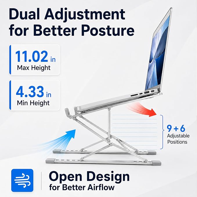 Adjustable Foldable Portable Laptop Stand for Desk Silver | Computer stand ;Portable notebook riser; foldable computer holder for 10–15 inch devices. - Image 4