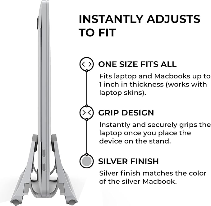 HumanCentric Vertical Laptop Stand for Desks in Silver Color, Adjustable | Upright Adjustable Holder to Dock Apple MacBook Stand, and Other Laptops to Organize Work & Home Office, Automatic Grip - Image 4