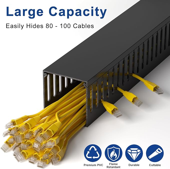 ZhiYo 3"H x 3"W Cable Raceway, 6ft Under Desk Wire Management Channel Black | Slotted Wire Duct, 2 Pack (3 ft Each), Heavy-Duty PVC Cable Management for Server Racks, Network Cables & Electrical Cabinets - Image 3