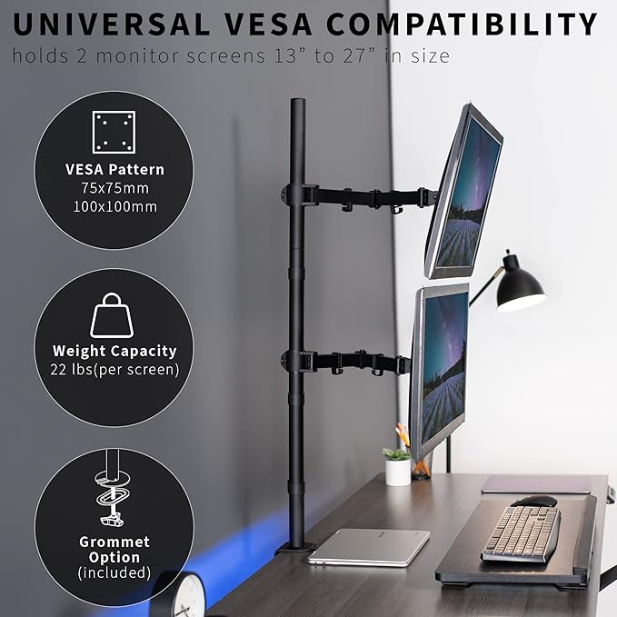 VIVO Extra Tall Vertically Stacked Dual Monitor Desk Mount Stand with 39 inch Stand-up Pole, Fully Adjustable Extended Arms, Fits 2 Screens up to 27 inches, STAND-V012T - Image 3