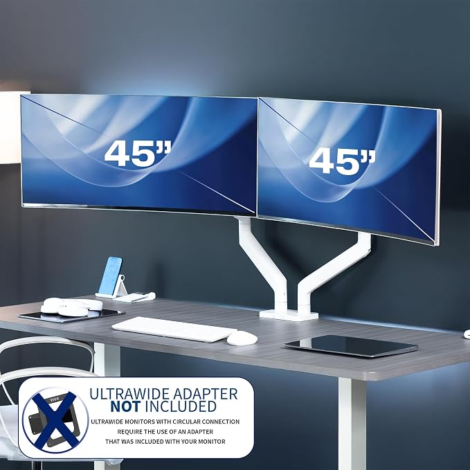 VIVO Heavy Duty Dual Ultra-Wide Monitor Tension Arm, Up to 45 inch Screens, Holds 44 lbs per Arm, Premium Desk Mount Monitor Stand for 2 Ultrawides, White, STAND-V200VW - Image 2