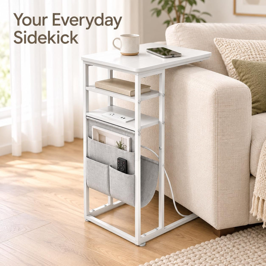 C Shaped End Table with Charging Station, 28"(H) 3-Tier C Table with Storage Bag, Under Couch Table C-Shaped End Table with Storage Shelves and Bag for Living Room, Bedroom, or Office - Image 4