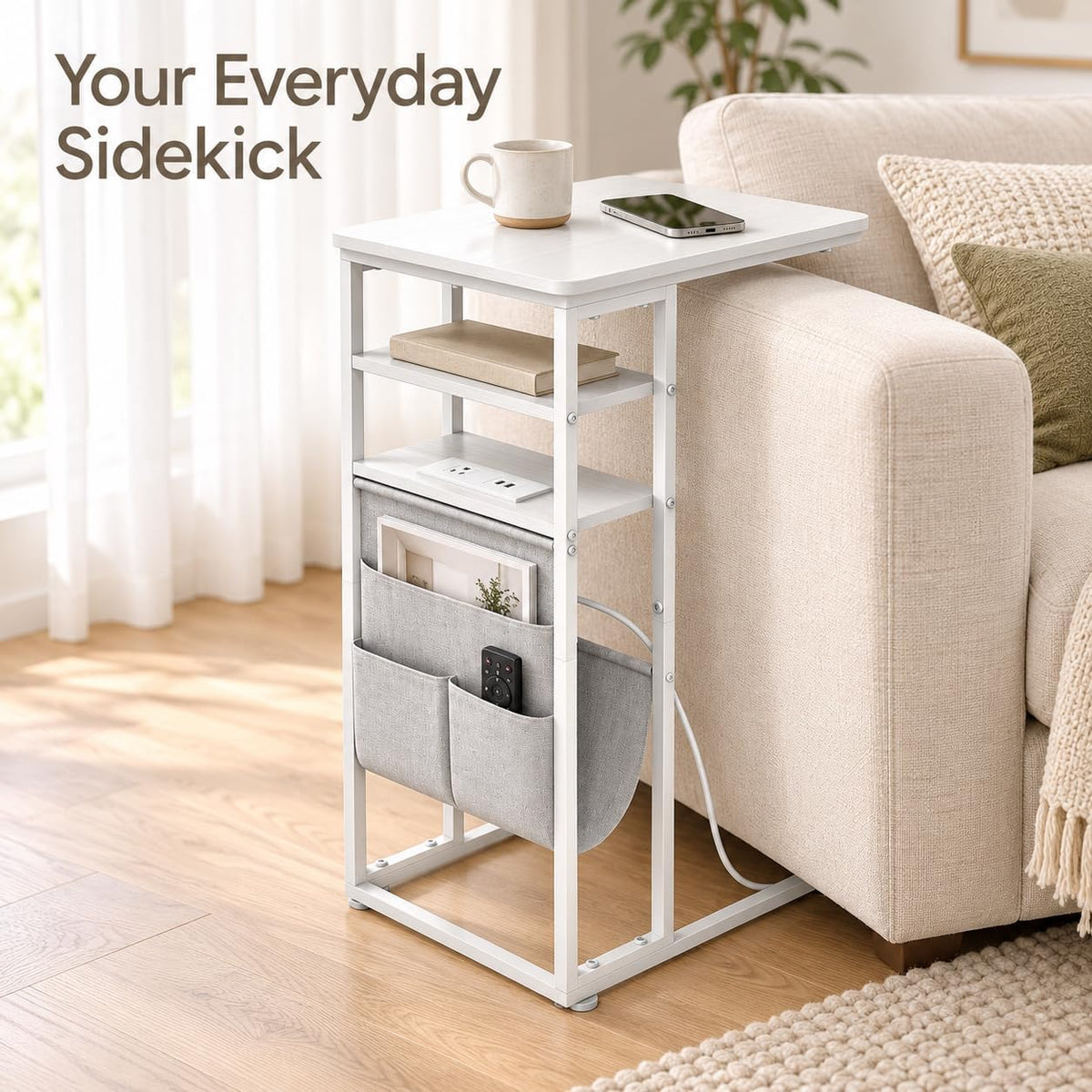 C Shaped End Table with Charging Station, 28"(H) 3-Tier C Table with Storage Bag, Under Couch Table C-Shaped End Table with Storage Shelves and Bag for Living Room, Bedroom, or Office - Image 4