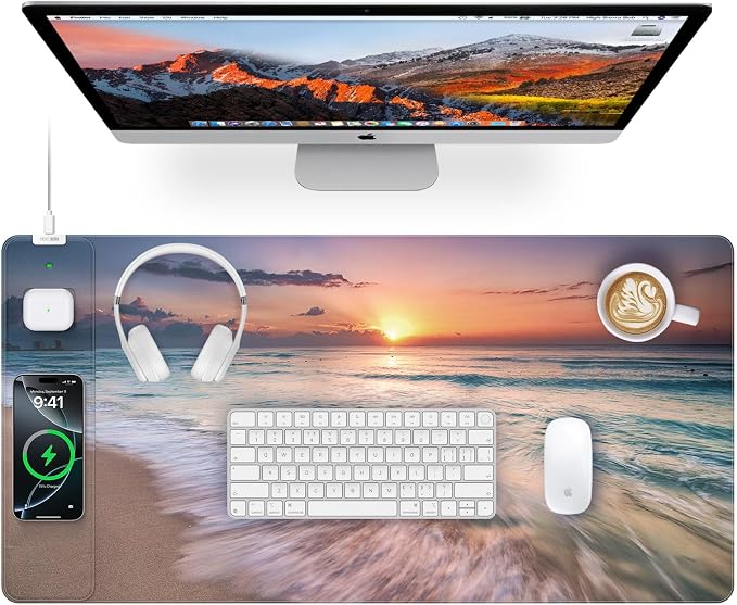 Mouse Pad with Magnetic Wireless Charging, 31.5"x15.8" in, Beach Sunset | Gaming Desk Mat for Keyboard/Laptop, Waterproof Easy Gliding Surface, Non-Slip Base, Durable Stitched Edge by abcmat