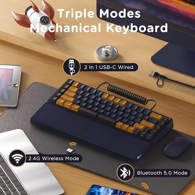 RK ROYAL KLUDGE S70 Ergonomic Split Keyboard, Tactile Brown Switch Black | Wireless RGB Mechanical Keyboard with Bluetooth/2.4G/Wired, 75% Hot Swappable Gaming w/Fixed Wrist Rest, PBT Keycaps, Win/Mac - Image 3