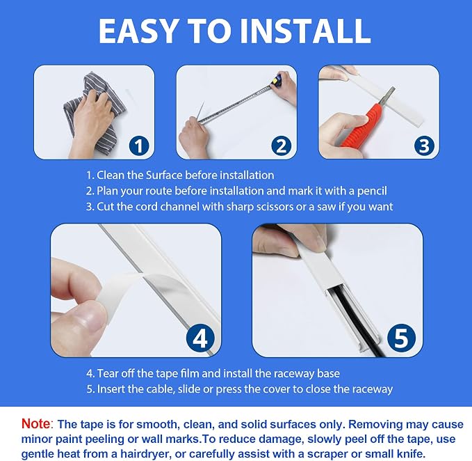 ZhiYo 102" White Cord Cover for 1 Wire, Small Size, 0.59" W x 0.4" H | Fits Up to 1 Thick Extension Cord, Self-Adhesive for Easy Install, Lightweight PVC Helps Stay Secure, Paintable Cord Hider - Image 6