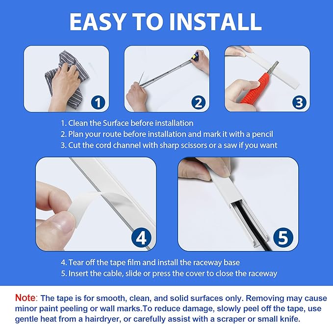 ZhiYo 175" Black Cord Cover for 1 Wire, Small Size, 0.59" W x 0.4" H | Fits Up to 1 Thick Extension Cord, Self-Adhesive for Easy Install, Lightweight PVC Helps Stay Secure, Paintable Cord Hider - Image 5