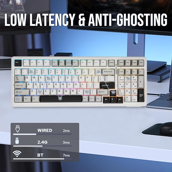EPOMAKER x Aula F99 Wireless Mechanical Keyboard, Hot Swappable Gasket | Custom Gaming Keyboard with Five-Layer Padding, BT/2.4GHz/USB-C, 8000mAh Battery (White Grey, Graywood V3 Switch) - Image 5