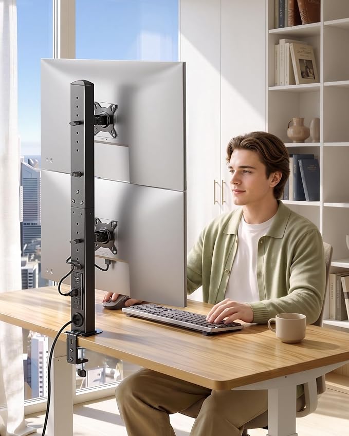 monTEK Powered Stacked Dual Monitor Stand for 17-32", Clamp/Grommet | Vertical dual monitor desk mount, integrated power outlet, adjustable arms and clamp/grommet mounting options - Image 7