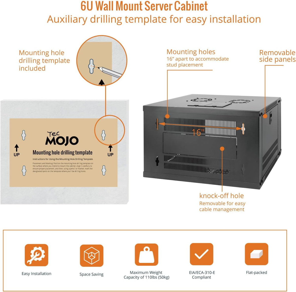 Tecmojo 6U Wall Mount Server Cabinet IT Network Rack Enclosure Lockable Door and Side Panels Black, Cooling Fan, Standard Glass Door, 450mm Depth, for 19” IT Equipment, A/V Devices - Image 5
