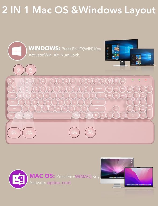Wireless Keyboard and Mouse Backlit - Typewriter, Magnetic Wrist Rest | Retro Round Keys, Light Up Letters, 2.4GHz Cordless Combo for Mac, Windows, PC, Laptop, Trueque CK23Pro [Upgraded] - Image 8