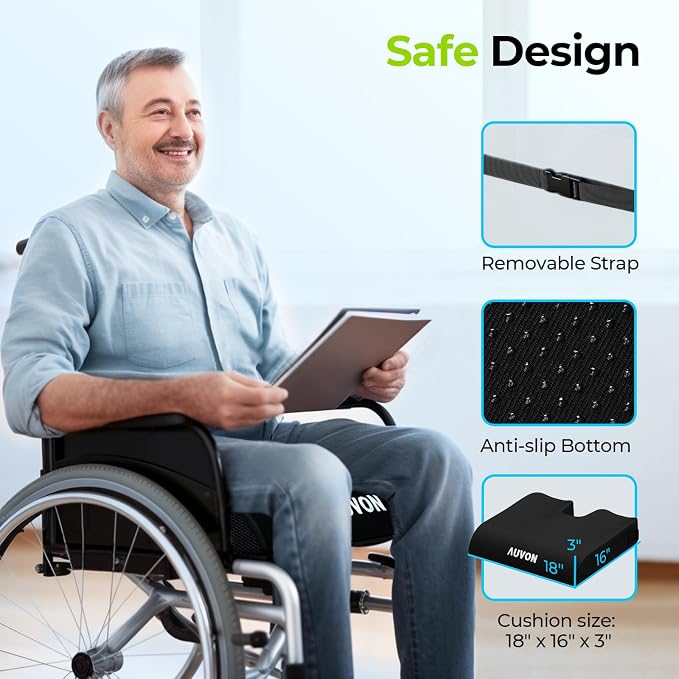 AUVON Gel Wheelchair Seat Cushion with Waterproof Cover for Pressure Sore & Ulcer, Ergonomic Chair Cushion with U-Cutout for Tailbone Pain, Back Pain Relief, Memory Foam Wheelchair Cushion, Anti-Slip | Ergonomic Chair Cushion with U-Cutout for Tailbone... - Image 7