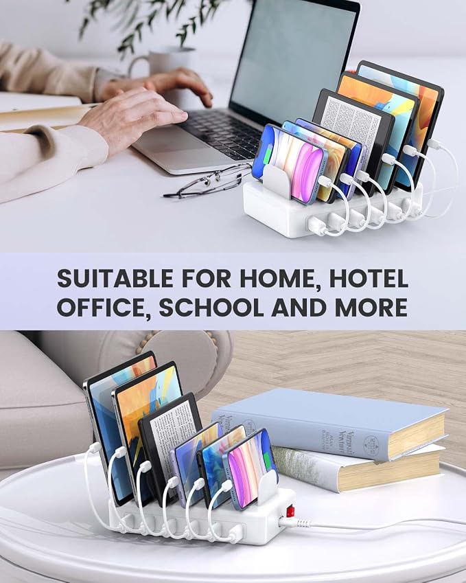 50W Charging Station for Multiple Devices, 6 Port Multi USB Charger Station | with 6 Cables,1 USB-A to USB-C Adapter Converter, Compatible with iPhone,iPad Kindle Tablet and Other Electronic（White) - Image 4