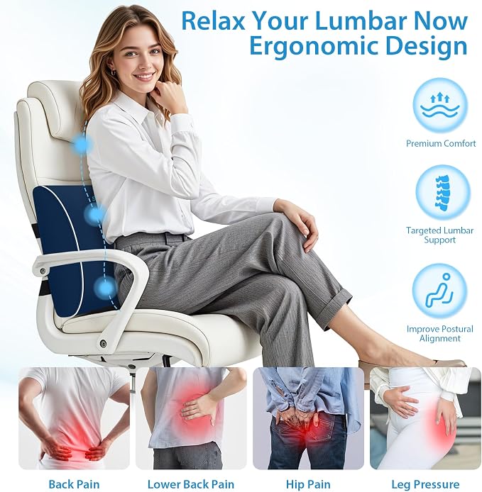 SweetSlubr Lumbar Support Pillow for Office Chair, Back Support(Blue,Large) | 3.9" Thick, Memory Foam, Adjustable Straps, Machine Washable Mesh Cover, Lower Back Pain Relief for Office, Car & Gaming - Image 2