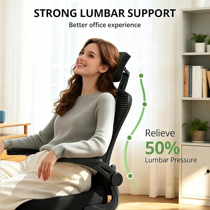 Office Chair Ergonomic Desk Chair, 330LBS Capacity, High Back Computer Chair for Long Hours Comfortable, Rolling Swivel Executive Task Chair for Home Office with Flip-up Armrests, Black Black-Chrome - Image 4