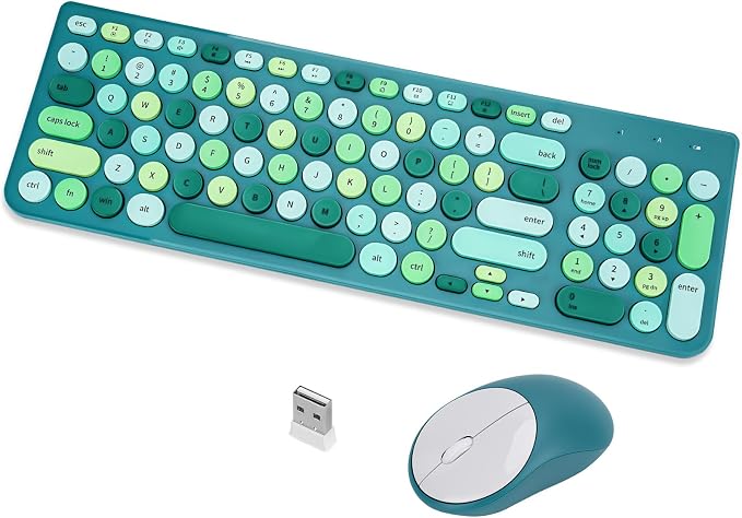 Wireless Keyboard and Mouse Combo, Retro Typewriter Keyboard with Round Keycaps, 2.4GHz USB Cute Wireless Keyboard Mouse for Computer, Desktop (Green) by GUKJOB
