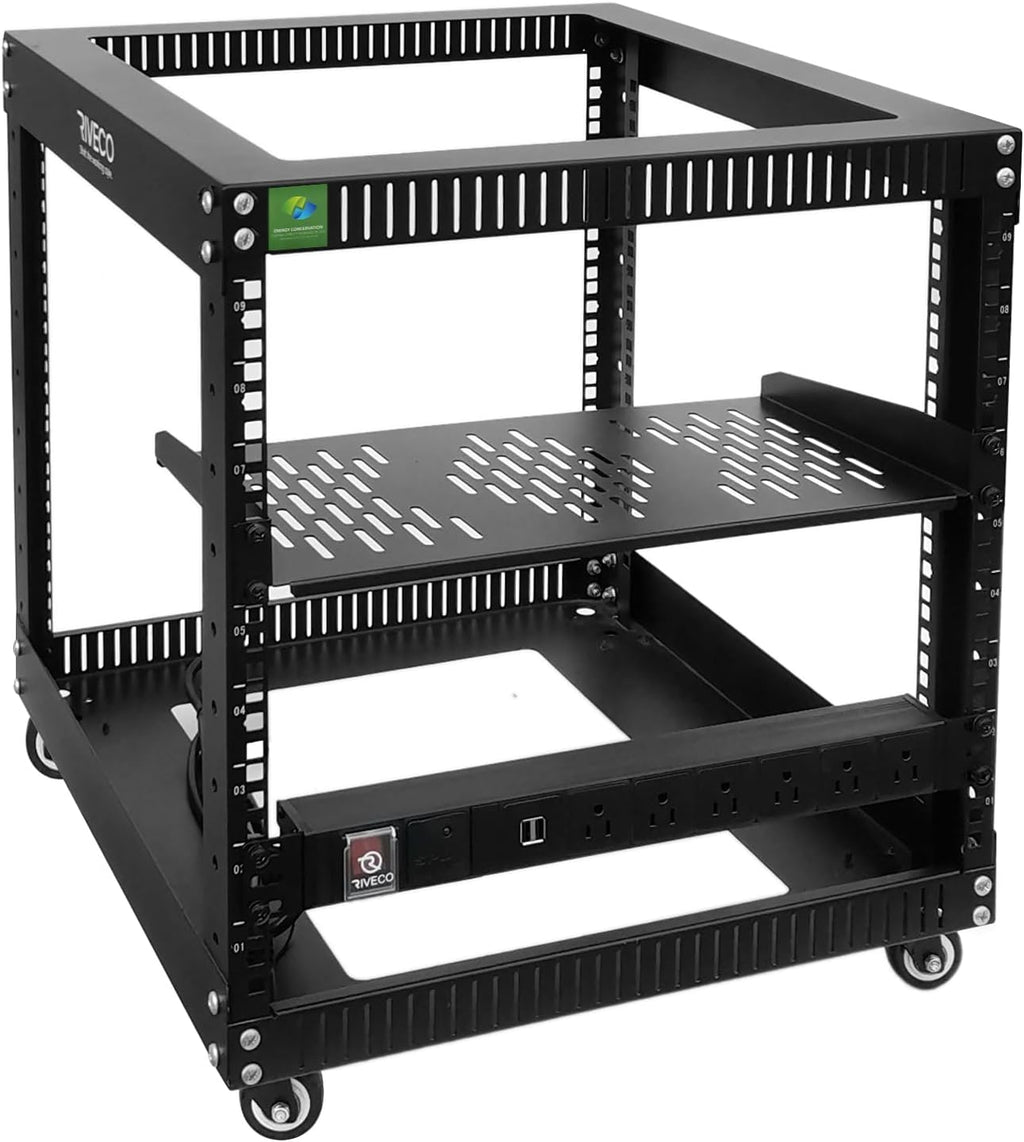 9U Open Frame Server Rack with Wheels + PDU (8 Outlets) Power Strip Surge Protector (1u Rack Shelf 1pcs +PDU) by RIVECO