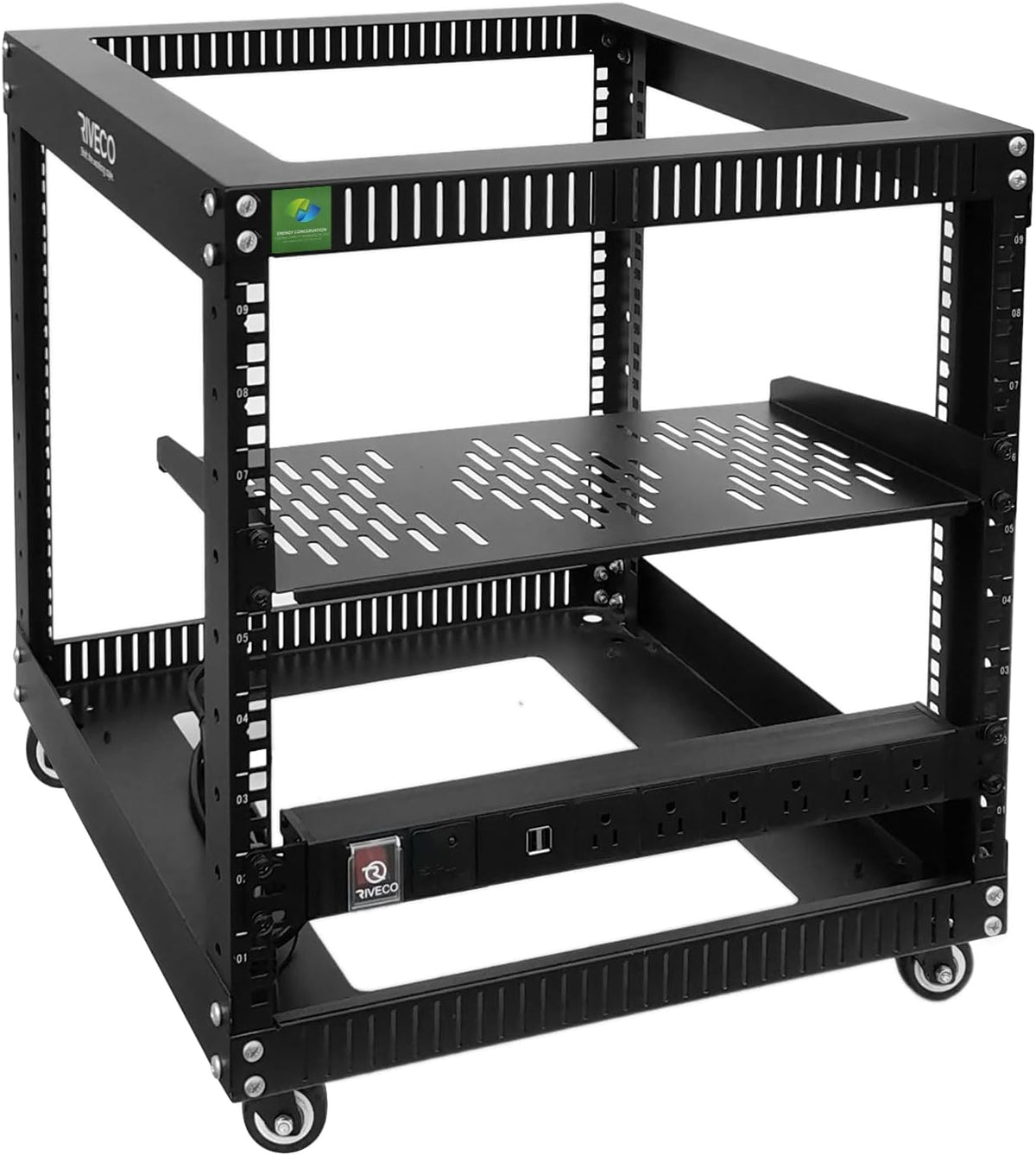 9U Open Frame Server Rack with Wheels + PDU (8 Outlets) Power Strip Surge Protector (1u Rack Shelf 1pcs +PDU) by RIVECO