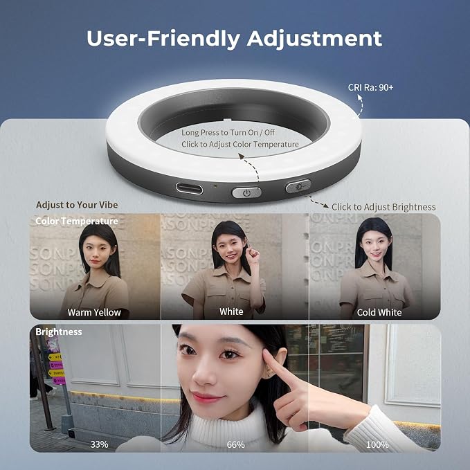 SmallRig Vibe P30 67mm Ring LED Video Light, Compact Bi-Color Light with High CRI ≥90, for 67mm Phone Mounts/Cases/Lenses, for Content Creation, Universal Threaded Filter Adapter Kit 5203 - Image 4