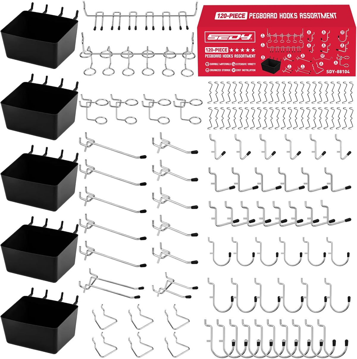 120PCS Pegboard Accessories Kit, Pegboard Hooks Assortment with Bins and Stainless Steel Peg Locks, Tool Organizer for 1/8" and 1/4" Pegboards, Garage Wall Organization, Workshop and Tool Storage by SEDY
