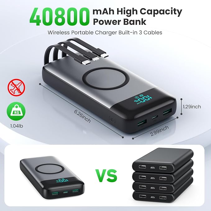 Wireless Portable Charger 40800mAh with 3 Built-in Cables,7-in-1 15W Wireless Charging Power Bank,25W PD QC 4.0 Fast Charging USB C Travel Essentials Battery Pack for iPhone 17/16/15/14,Galaxy,Android - Image 3