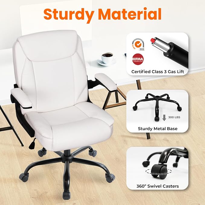 NEO CHAIR PU Leather Office Desk Chair with Adjustable Arms, White | Ergonomic Mid Back Computer Desk Chair Comfy with Wheels Swivel Rolling for Home Office Gaming Study - Image 8