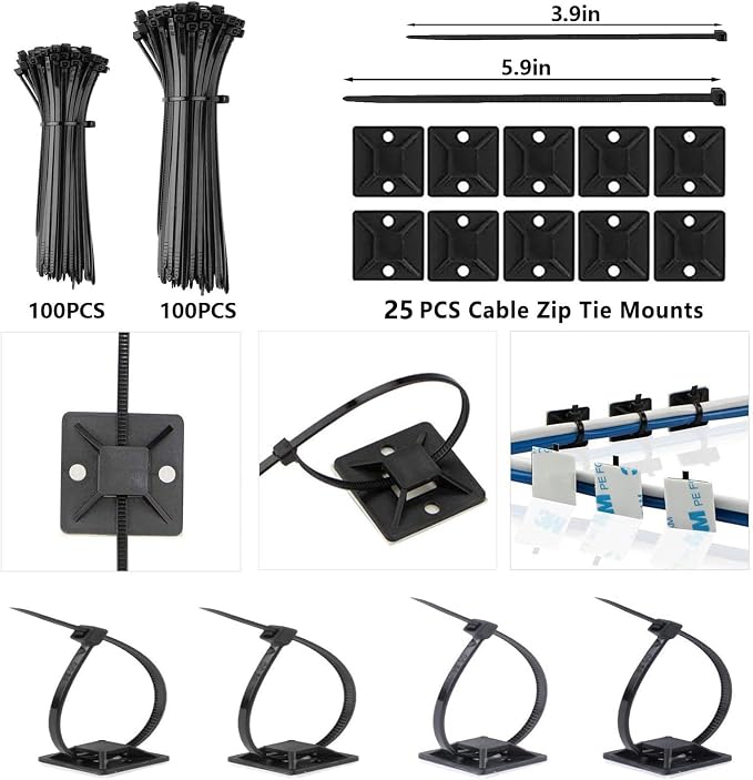 328Pcs Cable Management Kit, 8 Magnetic Cable Holder 69 Cable Clips | 4 Cable Sleeve Split,22Reusable Cable Strap,200 Nylon Cable Zip Ties ,25 Mounts TV Office,Nontoxic,Extra Strong Durable - Image 6