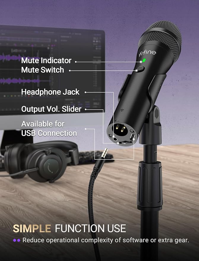 FIFINE AmpliTank TANK2 USB/XLR Dynamic Microphone for Podcast Recording | Studio Desktop Mic with Mute Button, Height-Adjustable Stand, Windscreen for Vocal, Streaming, Voice Over, Black - Image 4
