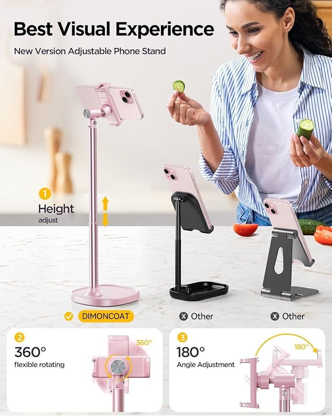 DIMONCOAT Cell Phone Stand for Desk, Stocking Stuffers Gifts for Teens Girls Boys Adults，Phone Holder Angle Height Adjustable, Aluminum Alloy Universal iPhone Stand for iPhone 17 16 15 Pro Max -Pink | Aluminum Alloy Universal iPhone Holder, Retractable... - Image 2