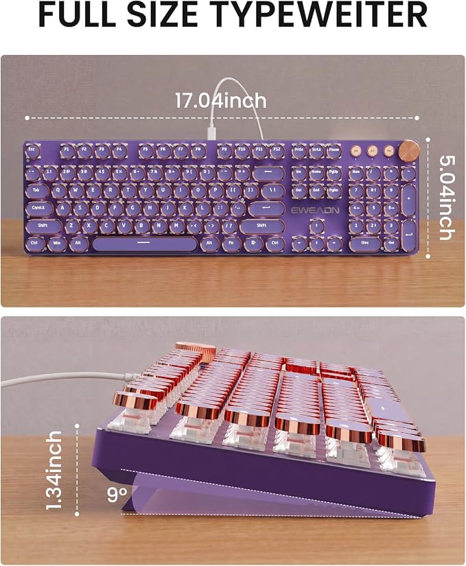 EWEADN Wired Typewriter Mechanical Keyboard, Low Noise Pink Switch Retro Punk Keyboard with Media Knob, White Backlit, Metal Panel, 104-Key Round Keycaps Cute Keyboard for Windows PC -Purple - Image 9