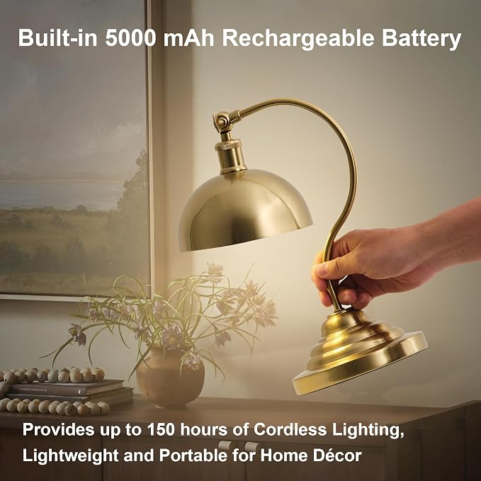 KARTOOSH Cordless LED Table Lamp, Battery Operated Desk Lamps with Swing Arm & Plastic Shade, Vintage Small Rechargeable Dimmable Light for Bedroom, Living Room, Nightstand, Brass - Image 8