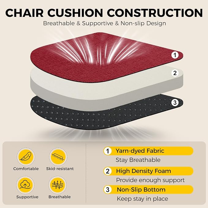downluxe Indoor Chair Cushions for Dining Chairs, Soft and Comfortable Textured Foam Kitchen Chair Pads with Ties and Non-Slip Backing, 16" x 16" x 2", Red, 6 Pack - Image 3