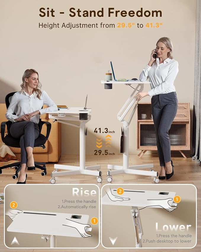 JOY worker Mobile Standing Desk, 28" White Rolling Laptop Desk with Wheels | Small Portable Sit-Stand Workstation Height Adjustable, Slim Ergonomic Teacher Stand Up Desk with Cup Holder for Home Office - Image 5