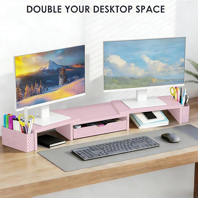 Spacrea Metal Desk Organizers and Accessories, Dual Monitor Stand Riser with Drawer and 2 Pen Holders, Desk Accessories & Workspace Desktop Organizers for Office Supplies (Pink) - Image 6