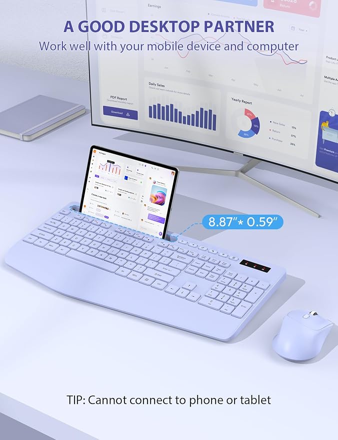 Wireless Keyboard and Mouse Combo, Full Size, Ergonomic Wrist Rest | 2.4G Lag-Free, 3-Level DPI, Phone Holder, Silent Typing, KM23D Batteries Powered Set for PC, Laptop, Windows, macOS (Purple) - Image 3