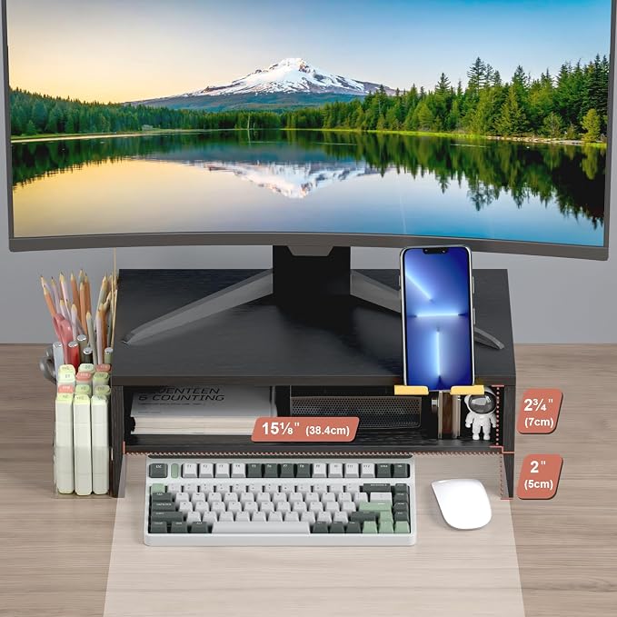 TEAMIX 2 Tiers Wood Monitor Stand Riser with Phone Holder & Side Pen Holder | Black Desk Organizer, 15.7L x 9.5W x 5.7 inch, Holds 80 lbs, Laptop/PC/Printer Stand, Ergonomic Design, Home Office Supplies - Image 5